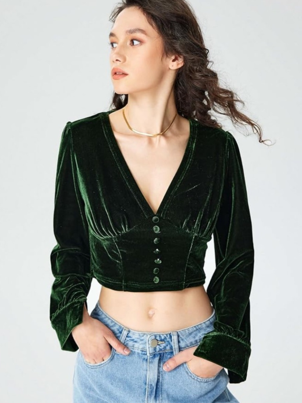 Cider Dark Green Velvet V-Neck Button Crop Top Large